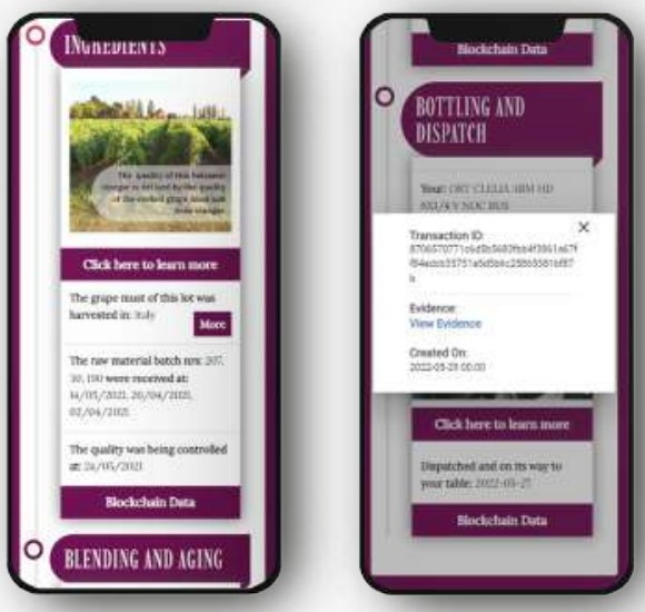 Pantallas reales de la trazabilidad de Ortalli: ingredientes, embotellado y datos en blockchain